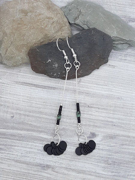 Silver, Green & Tiny Black Tags Earrings