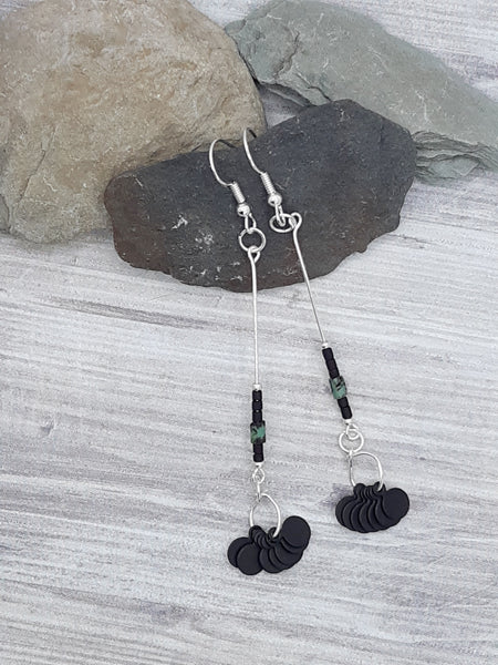 Silver, Green & Tiny Black Tags Earrings