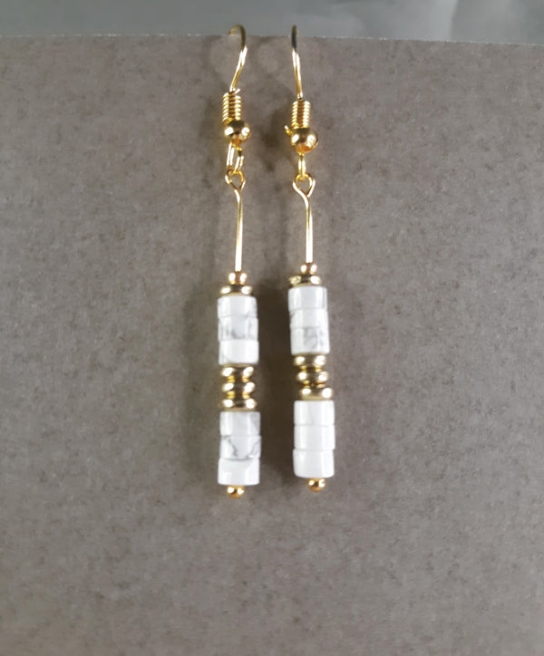 White Marble - White marble faceted beaded drop earring with gold trims.