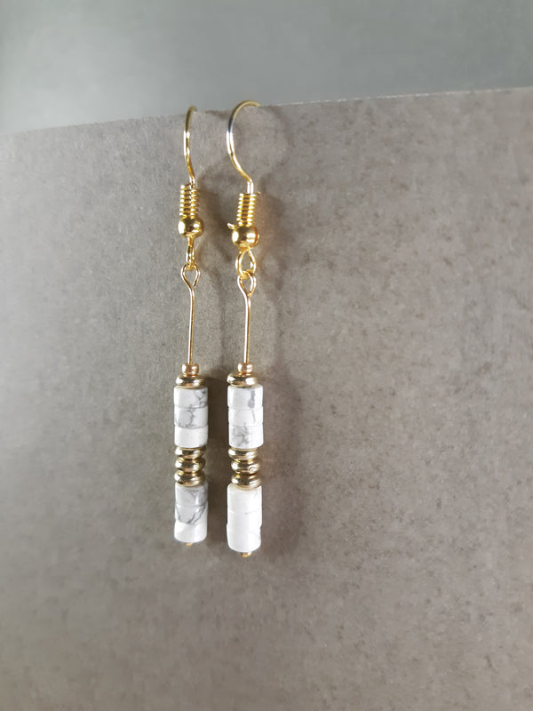 White Marble - White marble faceted beaded drop earring with gold trims.