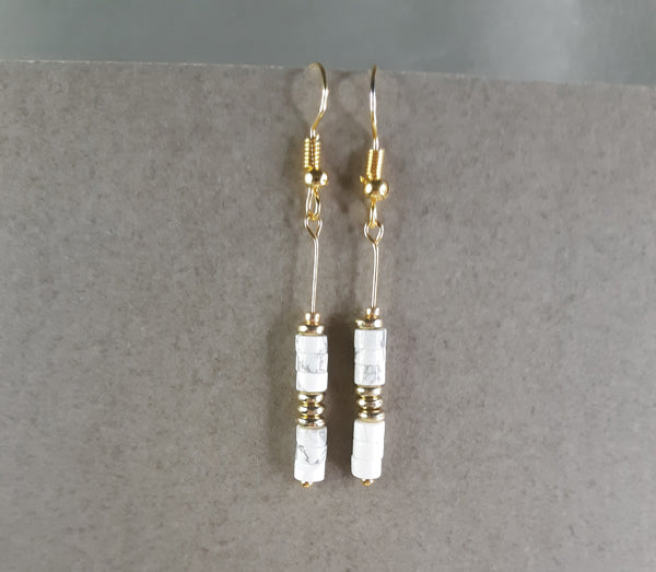 White Marble - White marble faceted beaded drop earring with gold trims.
