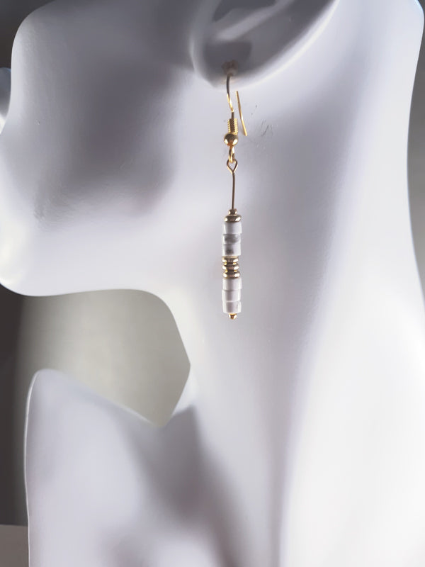 White Marble - White marble faceted beaded drop earring with gold trims.
