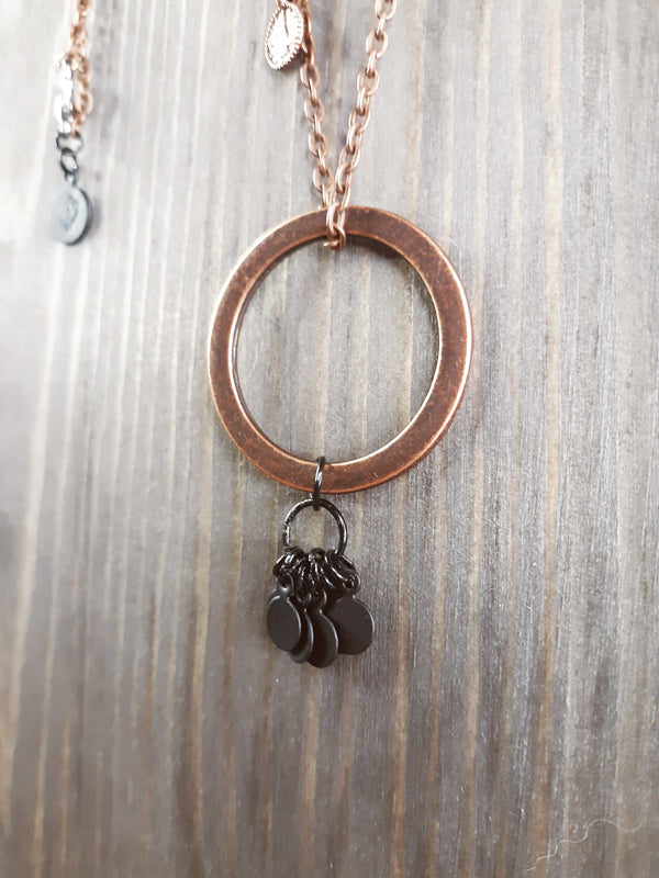 Long Antique Copper and Black Tiny Tags Necklace with Large Ring