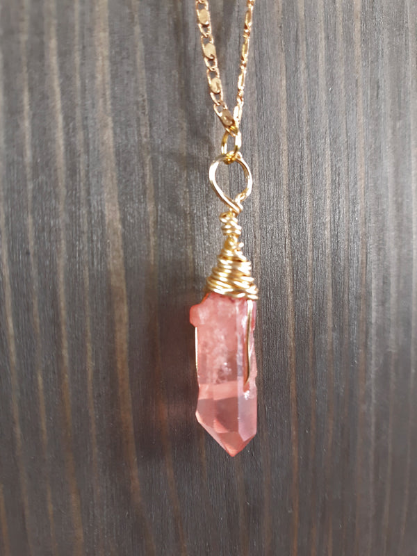 Rock Candy - Peach crystal necklace with gold chain and gold wire wrapping.