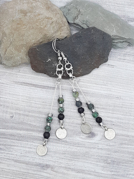 Green, Black & Silver Double Strand Earrings