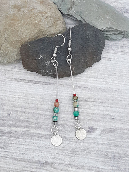 Aqua Imperial Jasper with Red Bead Earrings