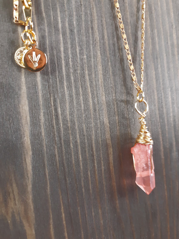 Rock Candy - Peach crystal necklace with gold chain and gold wire wrapping.