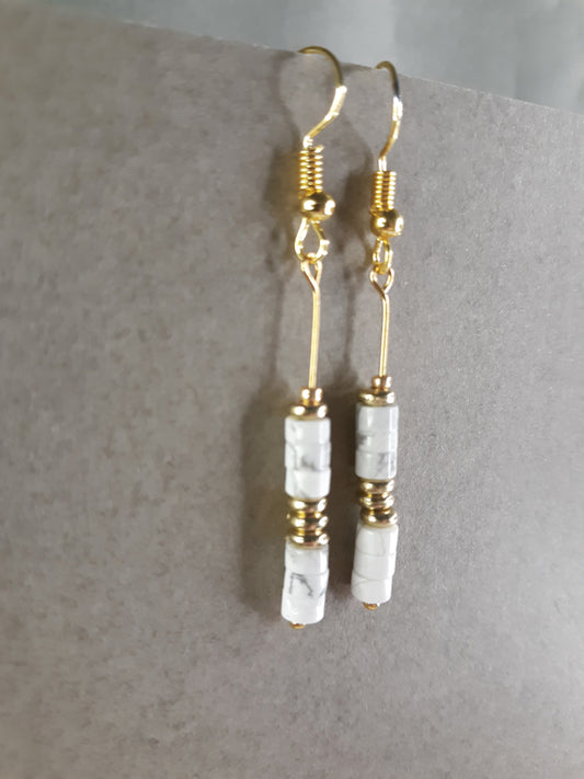 White Marble - White marble faceted beaded drop earring with gold trims.