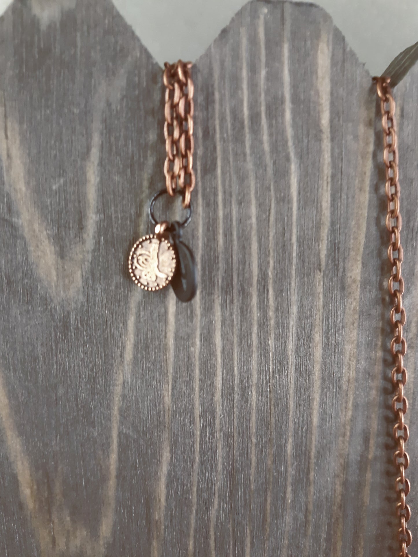 Long Antique Copper and Black Tiny Tags Necklace with Small Ring