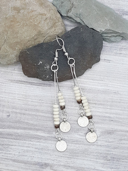 Bone White Natural Stone and Wood Earrings