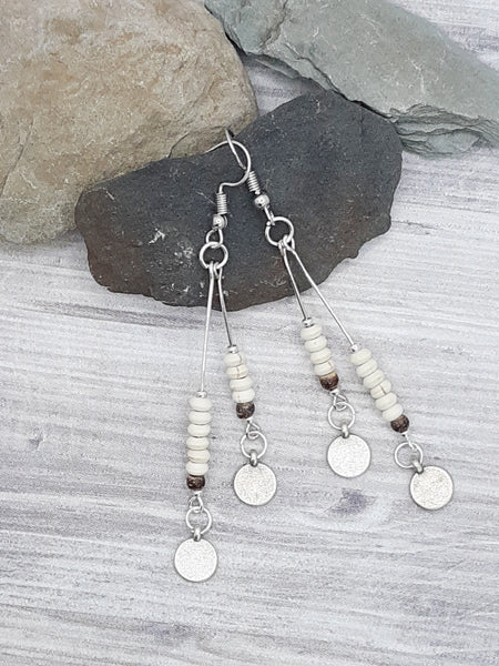 Bone White Natural Stone and Wood Earrings