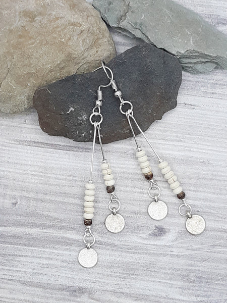 Bone White Natural Stone and Wood Earrings