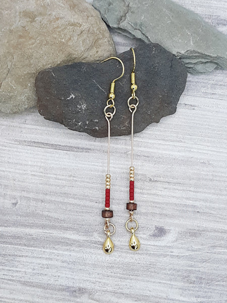 African Red &Dark Wooden Bead Earrings