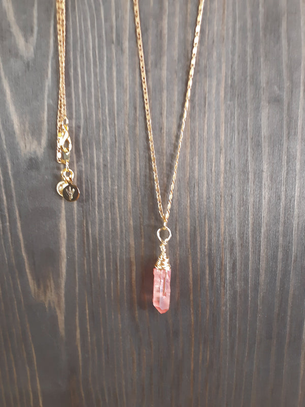 Rock Candy - Peach crystal necklace with gold chain and gold wire wrapping.