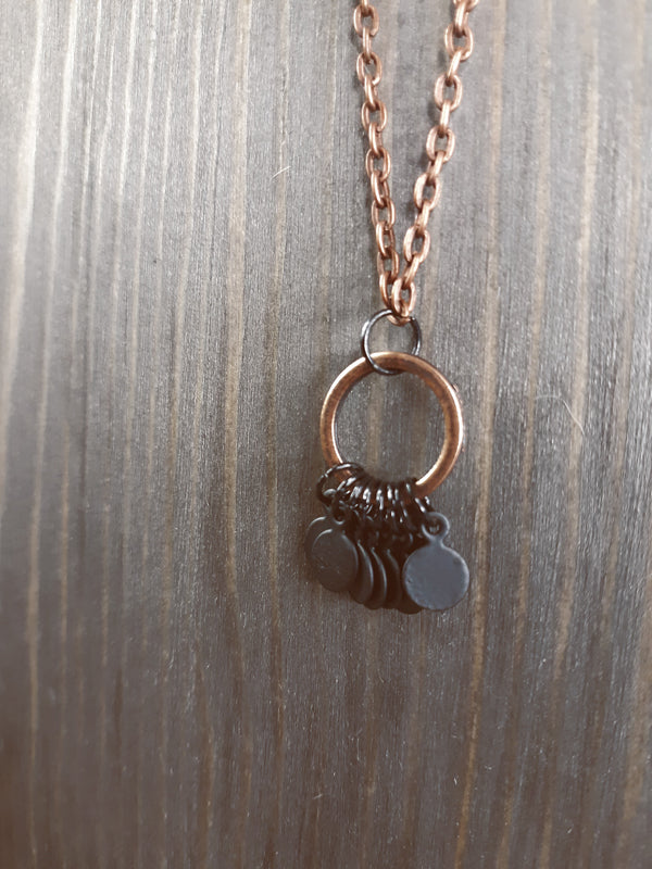 Long Antique Copper and Black Tiny Tags Necklace with Small Ring