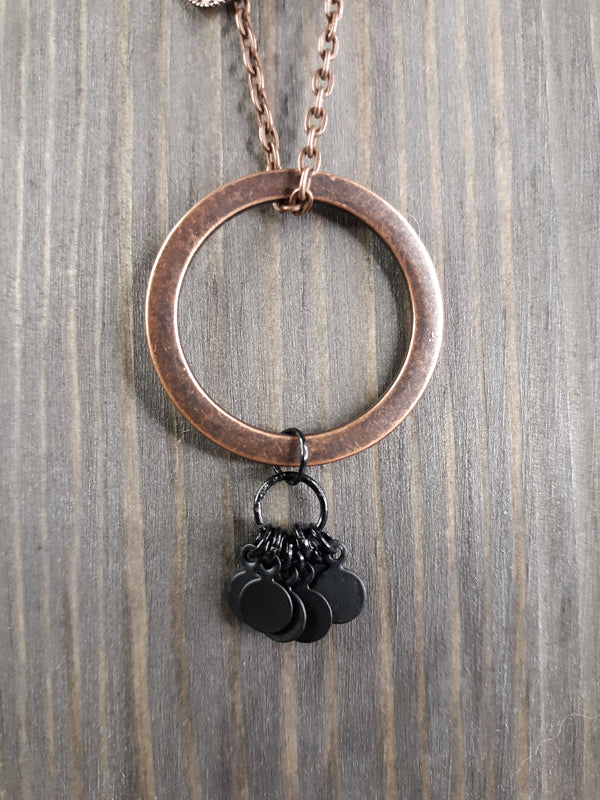 Long Antique Copper and Black Tiny Tags Necklace with Large Ring