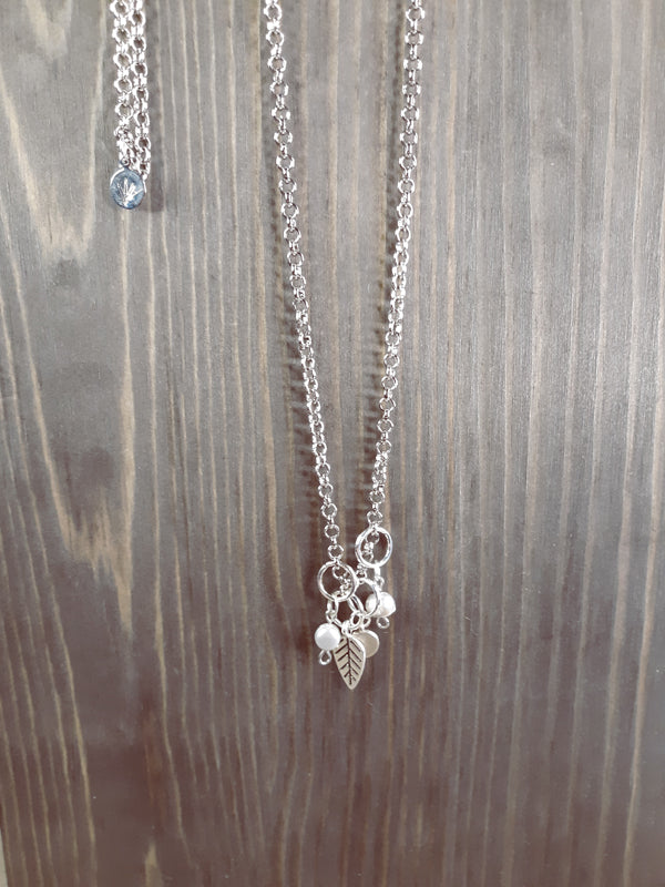 Long Silver Charm Necklace with Silver Leaf, Brushed silver tag and Light Grey Pearls