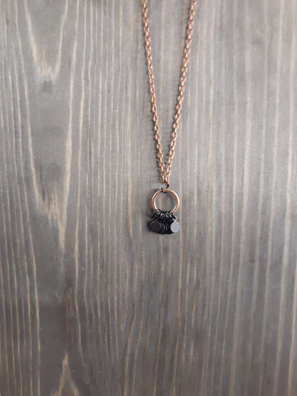 Long Antique Copper and Black Tiny Tags Necklace with Small Ring