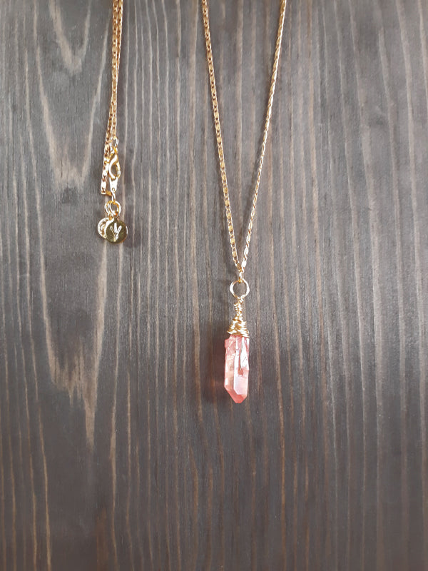 Rock Candy - Peach crystal necklace with gold chain and gold wire wrapping.