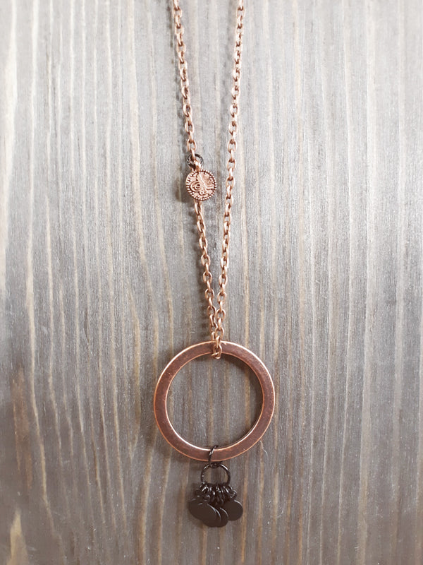 Long Antique Copper and Black Tiny Tags Necklace with Large Ring