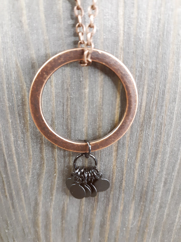 Long Antique Copper and Black Tiny Tags Necklace with Large Ring