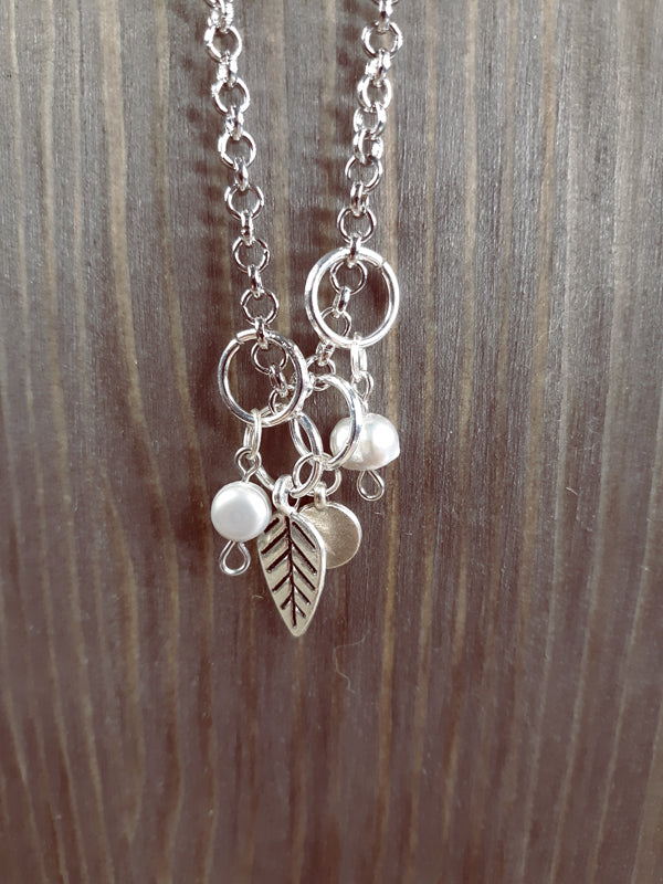 Long Silver Charm Necklace with Silver Leaf, Brushed silver tag and Light Grey Pearls