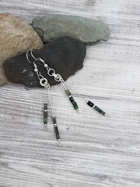 Green, Black & Silver Double Strand  Earrings