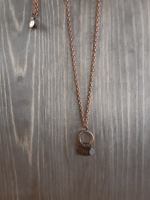 Long Antique Copper and Black Tiny Tags Necklace with Small Ring