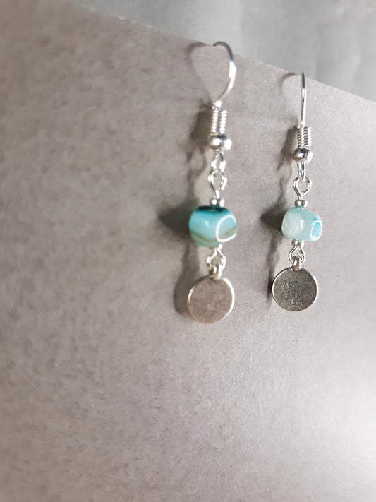 Blue Dots - Teal blue polished marble drop earring with silver tags. Perfect for work.