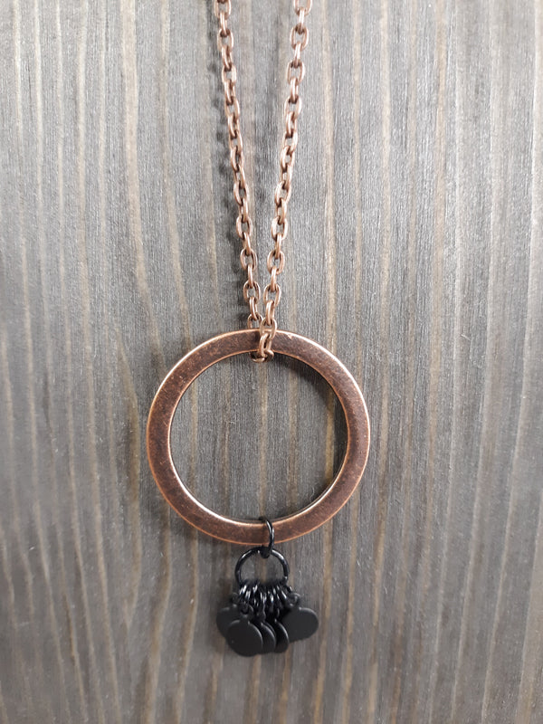 Long Antique Copper and Black Tiny Tags Necklace with Large Ring