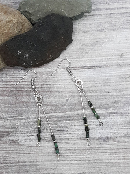 Green, Black & Silver Double Strand  Earrings