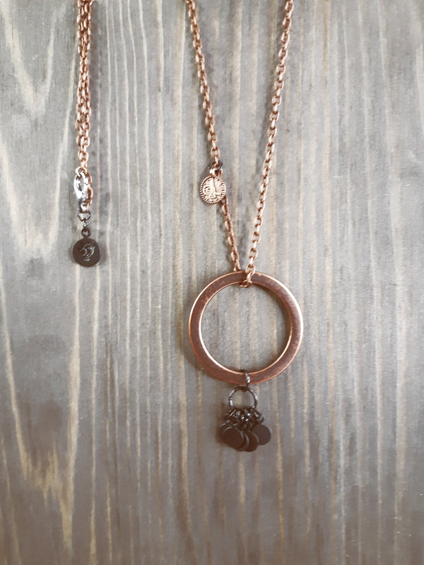 Long Antique Copper and Black Tiny Tags Necklace with Large Ring